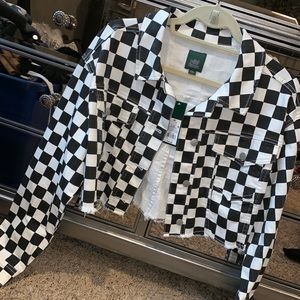 Black & white checkered cropped jean jacket